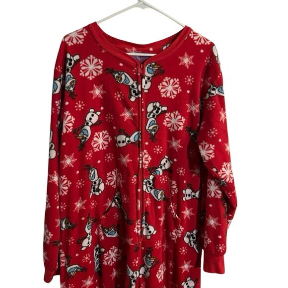 Disney Frozen Olaf Snowman Red zipper Footed Pajamas 1 piece xl 16/18 - Picture 1 of 7